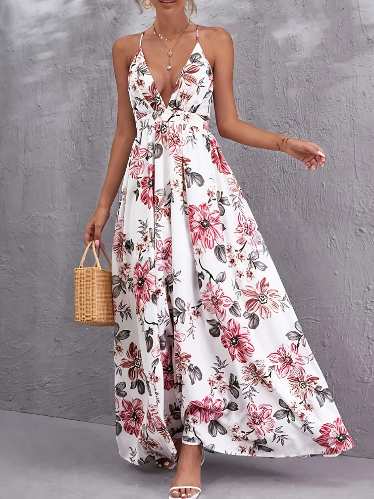 Wefads Women's Maxi Dress Sexy Printed Backless Slim Dress Long Spaghetti Shoulder Strap Elegant Dress - AMULET RING STORE