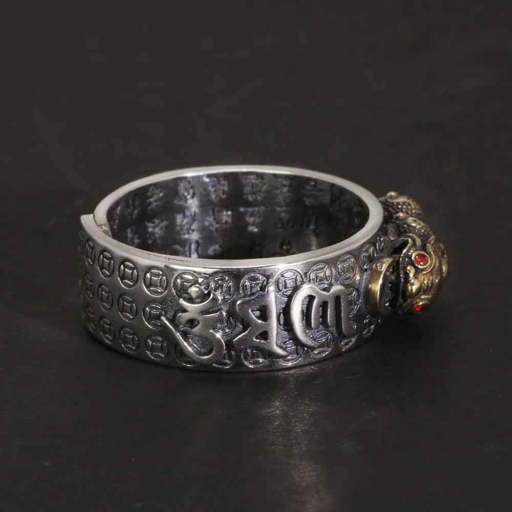 Vintage Pure Silver 999 Six Words Heart Sutra Ring Men's Adjustable Golden Pixiu Vajra Buddhist Religious Fine Jewelry