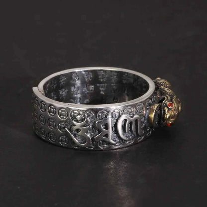 Vintage Pure Silver 999 Six Words Heart Sutra Ring Men's Adjustable Golden Pixiu Vajra Buddhist Religious Fine Jewelry