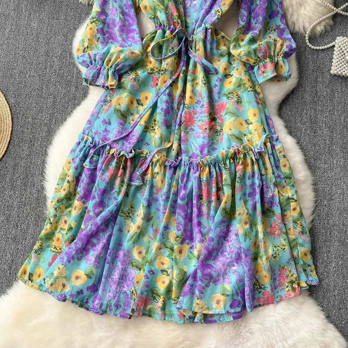 2026 Romantic Floral Print Chiffon Long Sleeve Dress Women Sexy V-neck A Line Beach Vestidos Elegant Elastic Waist Party Dress