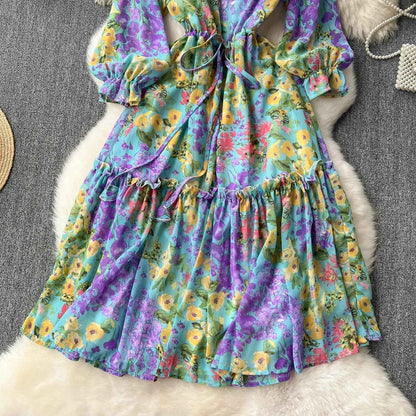 2026 Romantic Floral Print Chiffon Long Sleeve Dress Women Sexy V-neck A Line Beach Vestidos Elegant Elastic Waist Party Dress
