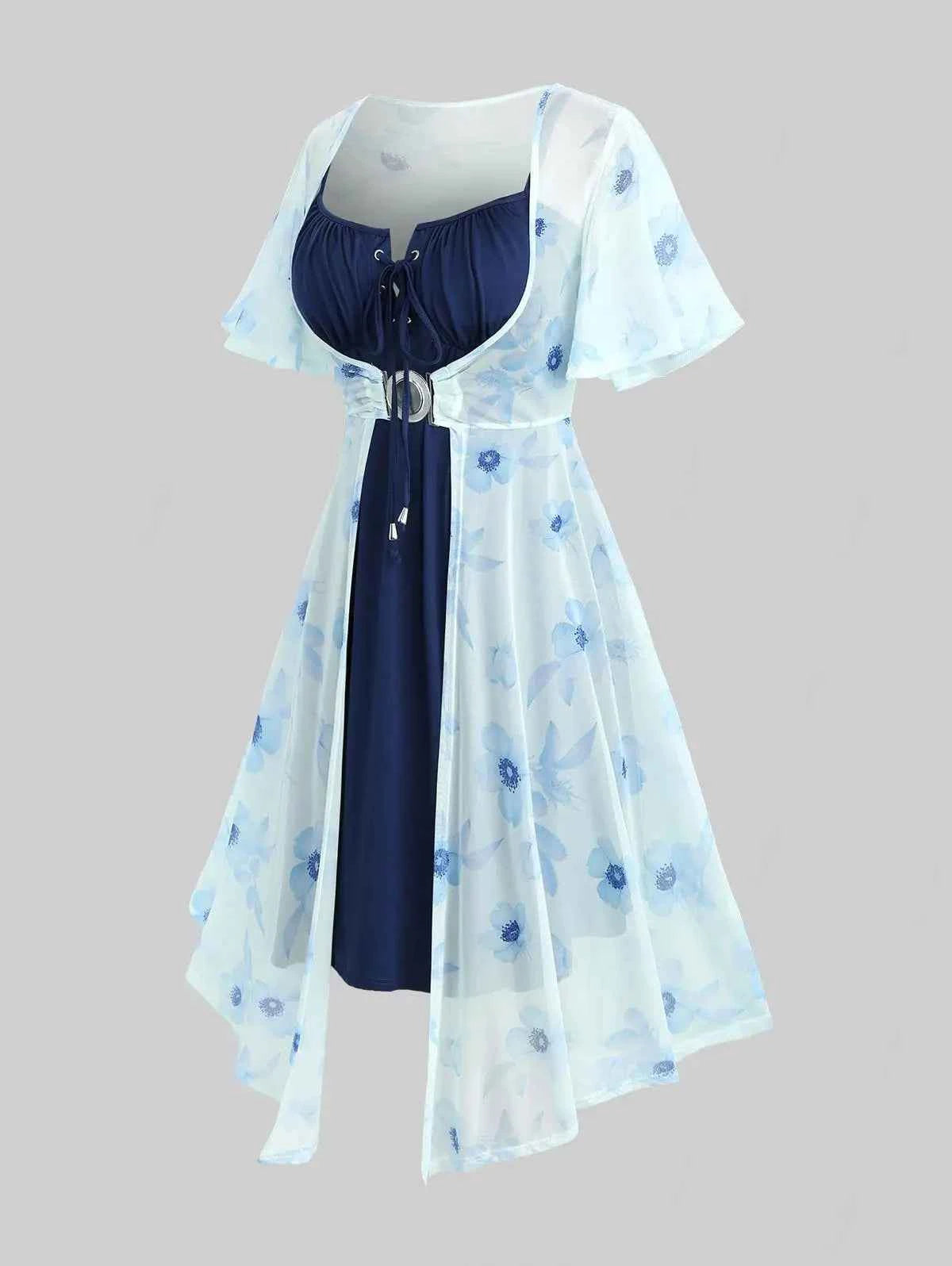 ROSEGAL Plus Size Flutter Sleeves Floral Dress and Lace-up A Line Cami Dress Set