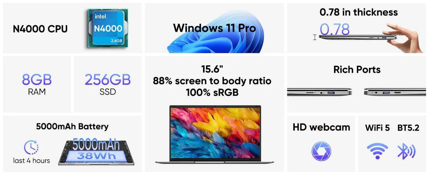 15.6 "Thin & Portable Laptop Computer Intel Celeron N4000 8GB RAM 256GB SSD FHD 1920x1080 16:9 Display For Work And Study