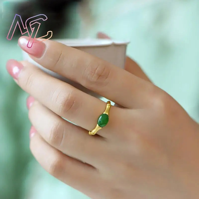 Green Natural Jade Bamboo Rings Stone Carved Gemstone Vintage Charm Lucky Talismans Adjustable Ring Real Jewelry
