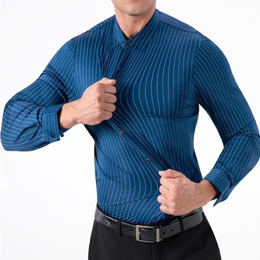 New Stylish Men's Striped Shirt Long Sleeve Business Casual High Elasticity Spring Autumn Seamless Easy-care Soft Man Clothing