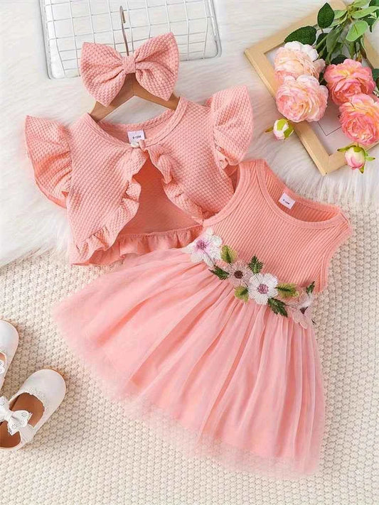 Newborn 2024 Baby Girls Dress Summer Waist Flower Vest Sleeveless Short Top Sweet Girl Lace Mesh Dress