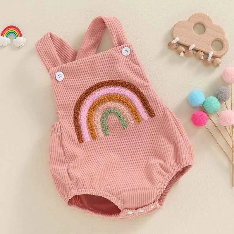 Infant Baby Girl Boy Overalls Rompers Summer Rainbow/Strawberry Embroidery Sleeveless Square Neck Suspender Ribbed Romper - AMULET RING STORE