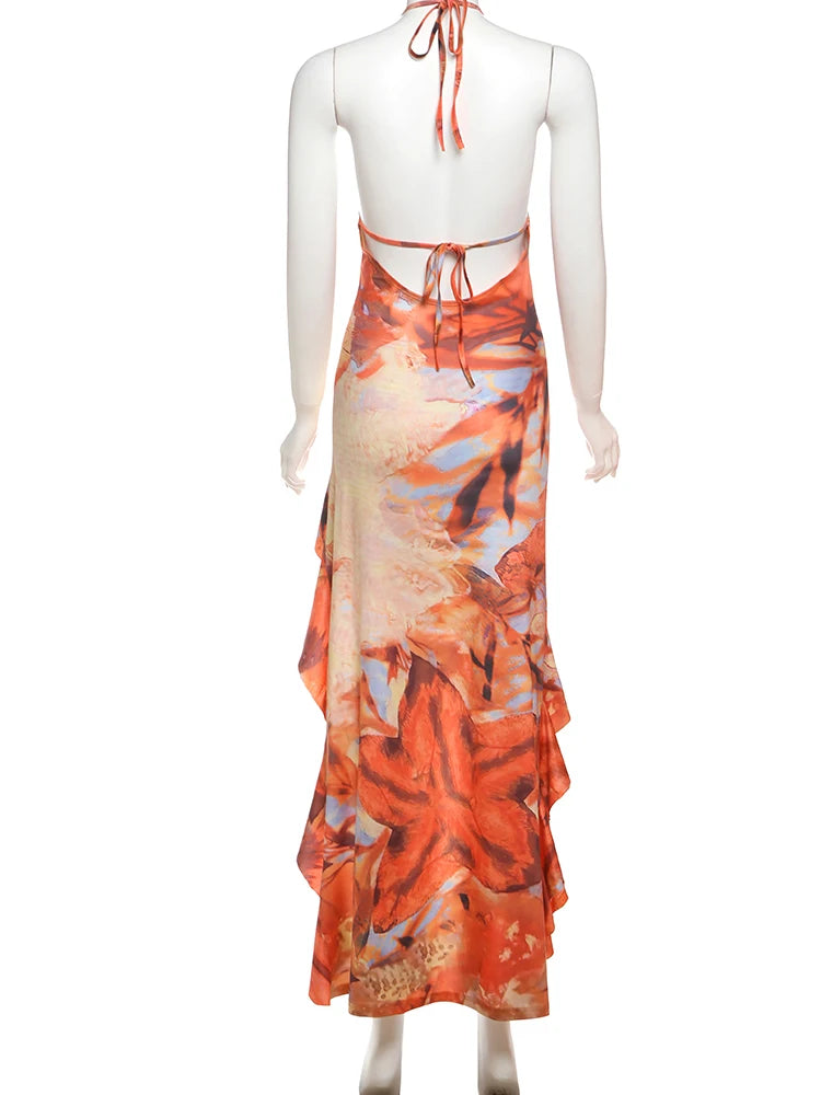 Nibber Bandage Dress Women Halter Metal Buckle Y2K Hollow Backless Summer Trend High Split Ruffles Sexy Elegant Maxi Bodycon - AMULET RING STORE