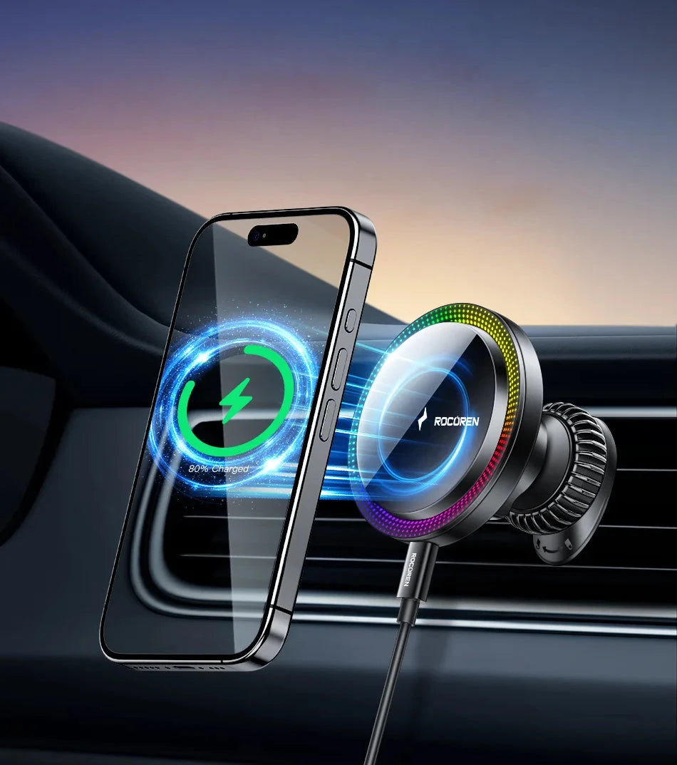 Rocoren Magnetic Car Phone Holder Fast Charging Wireless Charger With RGB light Magnet Car Stander For iPhone 15 14 13 Pro Max
