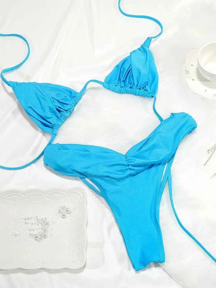 Sexy Folds Bikini Set Solid Micro Bikinis Women Swimsuit Female Triangle Swimwear Beach Wear Bathing Suit