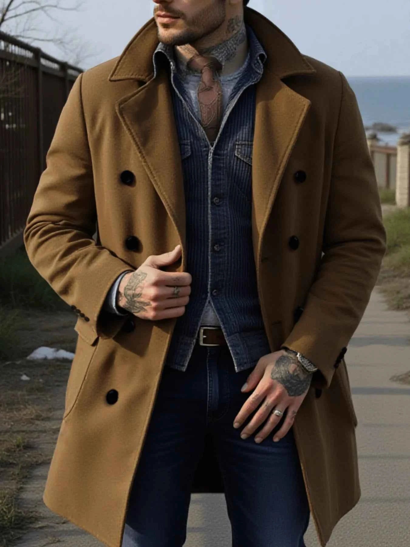 Man's Winter Jacket Foiled Coat Overcoat Padded Liner Double Buckle Accent Solid Tone Outdoor GradeEuro Fit