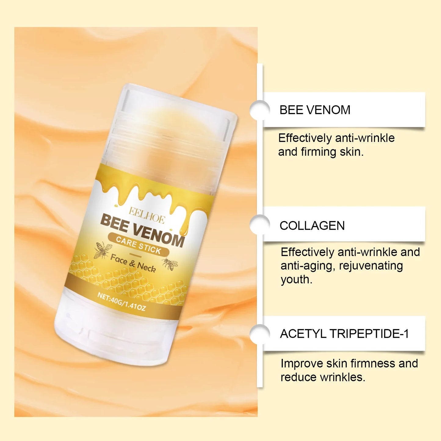 EELHOE Bee Venom Brightening Face and Neck Cream Stick Moisturizing Facial Skin Firming Rejuvenation Neck Lift Stick Cream 40g
