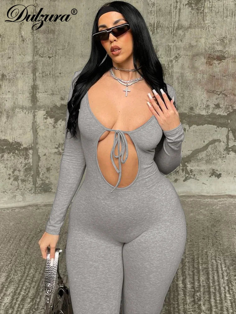 Dulzura Solid Pure Hole Hollow Out Straps Lace-Up Jumpsuit Long Sleeves 2023 Summer Autumn For Women Sexy Streetwear Wholesale - AMULET RING STORE