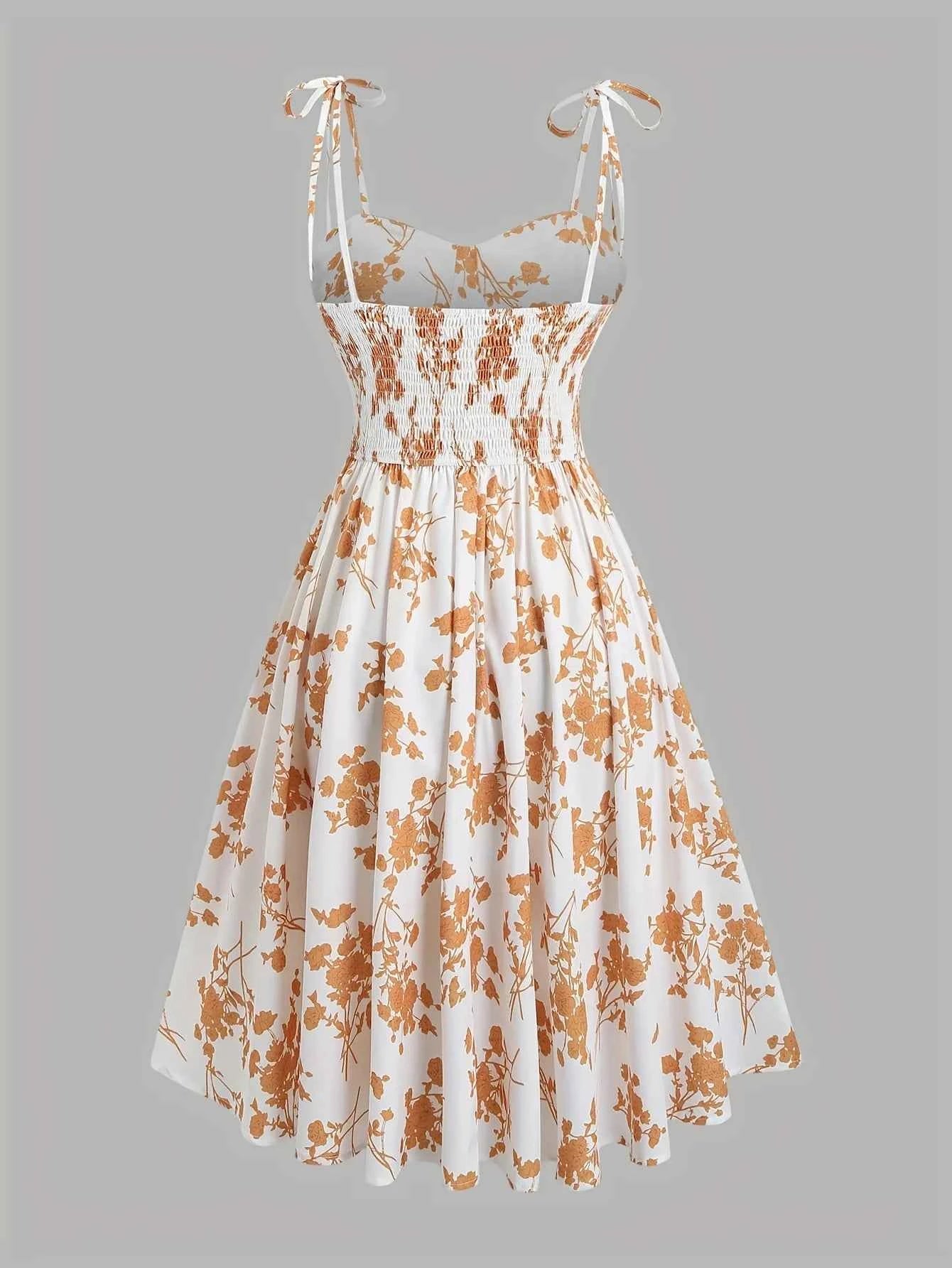 2024 European and American fashion plus size women's new flower print A-line skirt bow tie slit dress