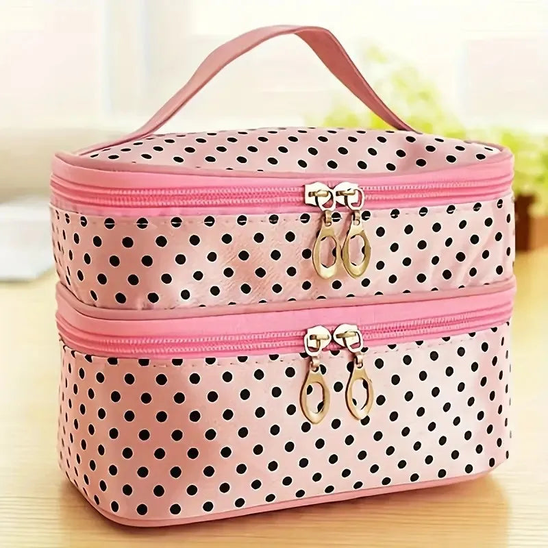 Stylish Double Layer Polka Dot Makeup Bag with Handle & Brush Holder, Compact Toiletry Organizer for Women’s Travel & Beauty E - AMULET RING STORE