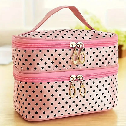 Stylish Double Layer Polka Dot Makeup Bag with Handle & Brush Holder, Compact Toiletry Organizer for Women’s Travel & Beauty E - AMULET RING STORE