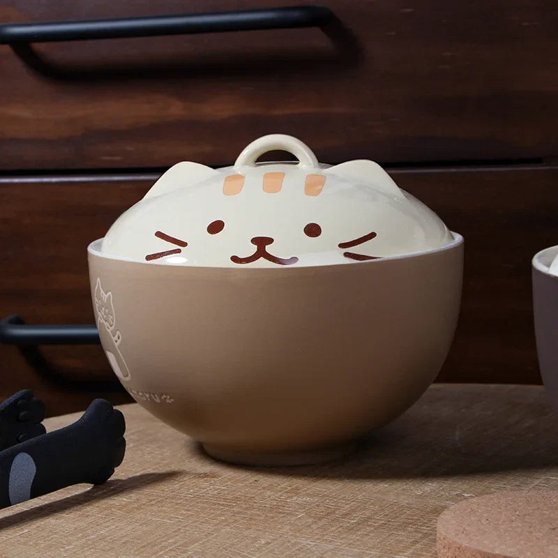 550ml Cartoon Cat Ceramic Instant Noodle Bowl With Lid Underglaze Color Soup Salad Bowl Kitchen Office Student Lunch Box 1pcs - AMULET RING STORE