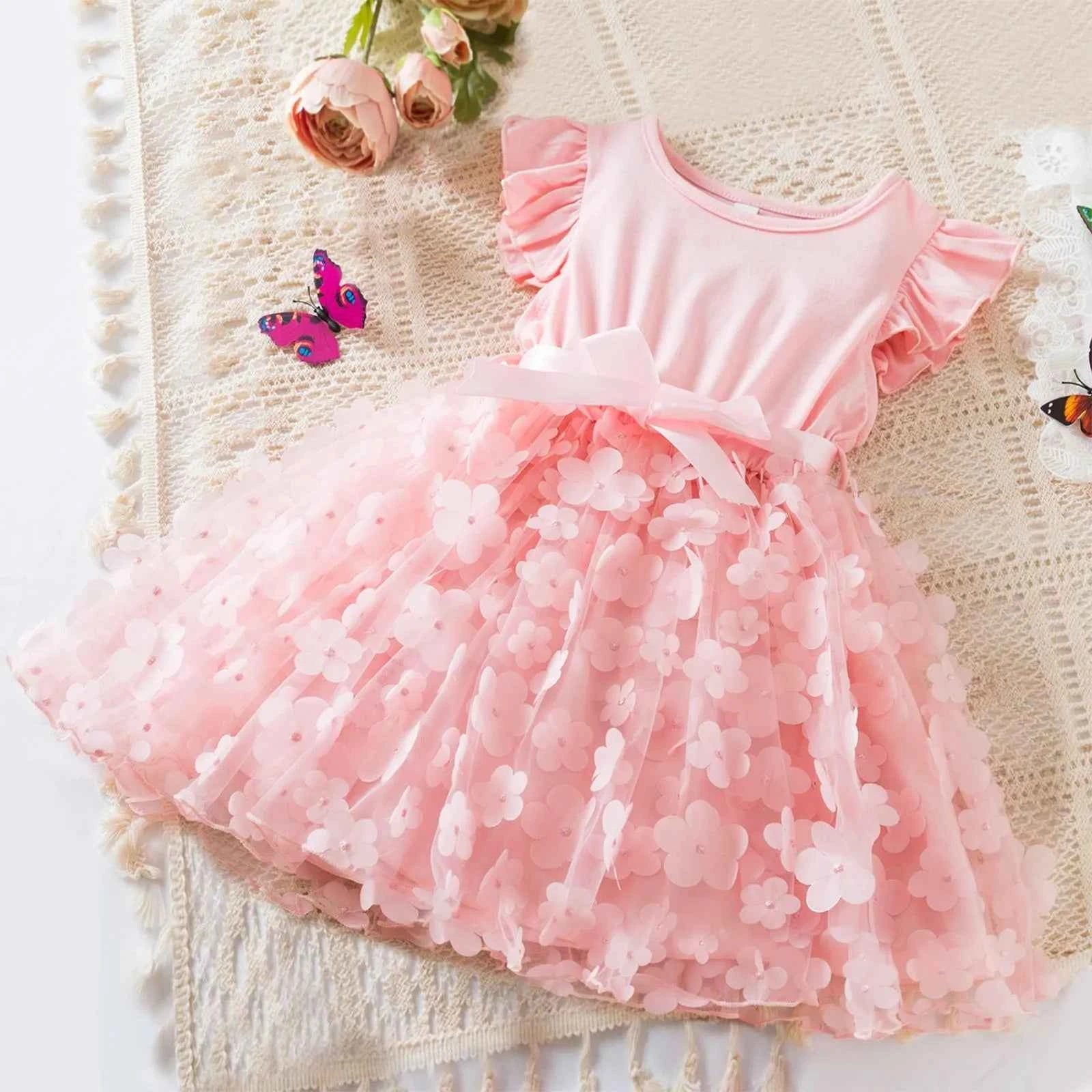 Toddler Baby Girls Clothes Elegant Floral Print Tulle Dress Summer Kids Princess Party Birthday Dress Butterfly Solid Mesh Dress