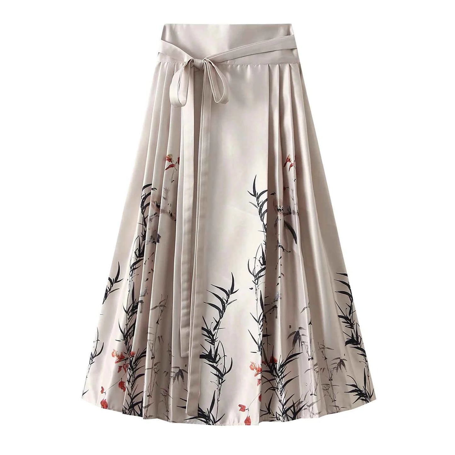 Women s Horse Face Skirt Elegant Phoenix Character Flower Print Pleated Tie Up A-Line Long Swing Skirt National Clothing