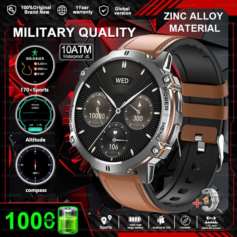 2025 New T-Rex3 1000mAh Battery Sports SmartWatch 1.73" AMOLED Screen 10ATM Waterproof Compass Altimeter Military bracelet Men