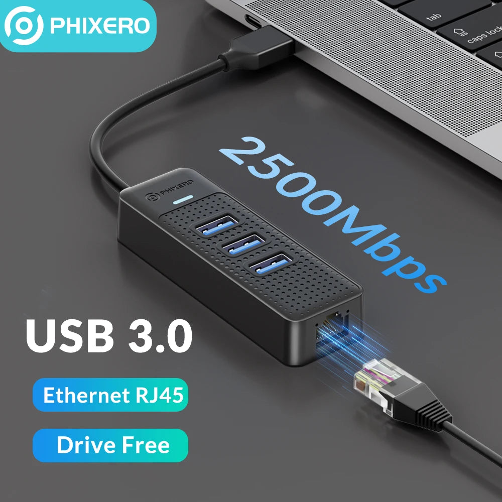 PHIXERO USB 3.0 Hub 2500Mbps Ethernet With RJ45 USB Splitter Multi Port Data Adapter Expander for Laptop Computer PC Accessories