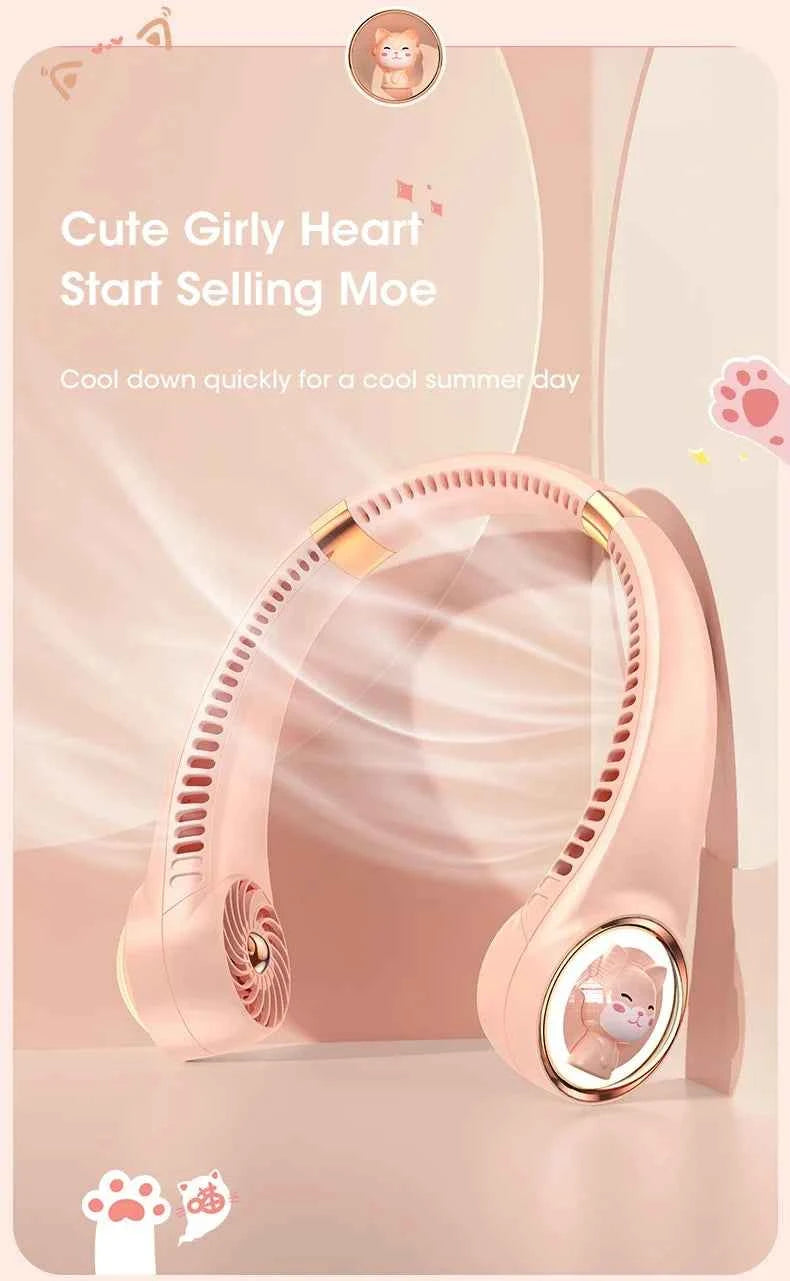 Bladeless Neck Fan 2000mAh USB Rechargeable Digital Display Cute Cat Hanging Mini for Travel Office