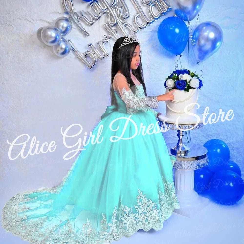 Customized Royal Blue Princess Flower Girl Dress for Wedding Lace Appliques Full Sleeve Baby Birthday Dress First Communion Gown