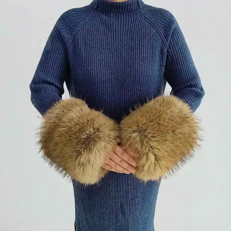 Large Winter Faux Fox Fur Scarf Women Jackets Warm Fluffy Shawl Fashion Artificial Fur Collar And Cuff Set Fluffy Scarves Female