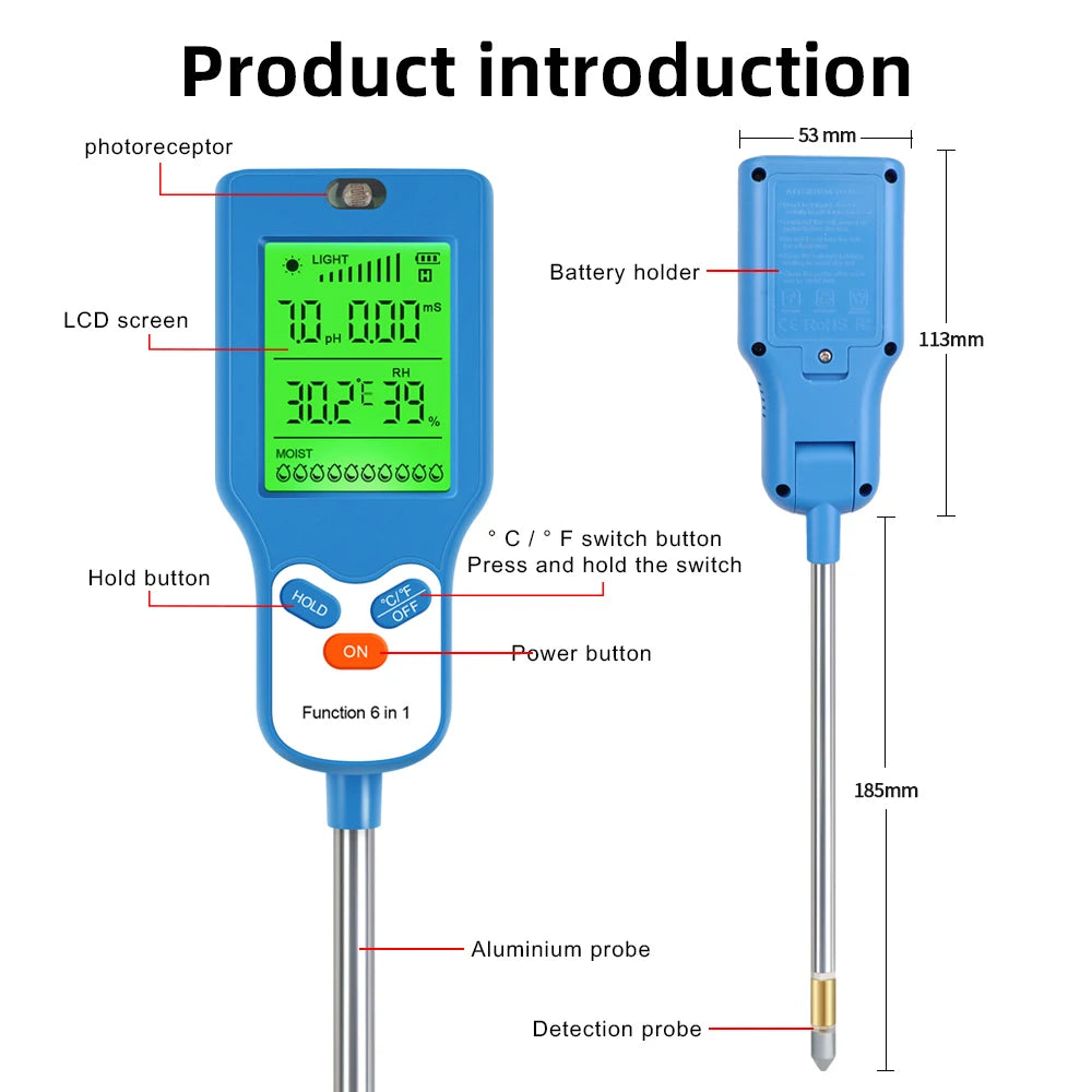 90° Digital 6 in 1 Multifunctional Soil PH Temperature Meter Farm Garden Fertility Moisture Sunlight Humidity Tester Detector - AMULET RING STORE