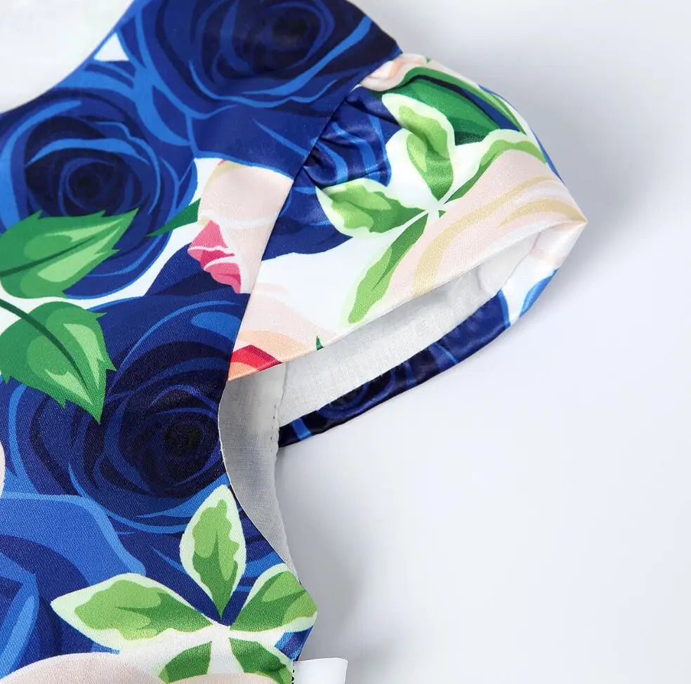 Summer Girls Rose Print Dress Princess Wedding Birthday Party Frocks Satin Children Vestidos Dresses For Girl Christmas Clothing