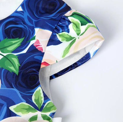 Summer Girls Rose Print Dress Princess Wedding Birthday Party Frocks Satin Children Vestidos Dresses For Girl Christmas Clothing