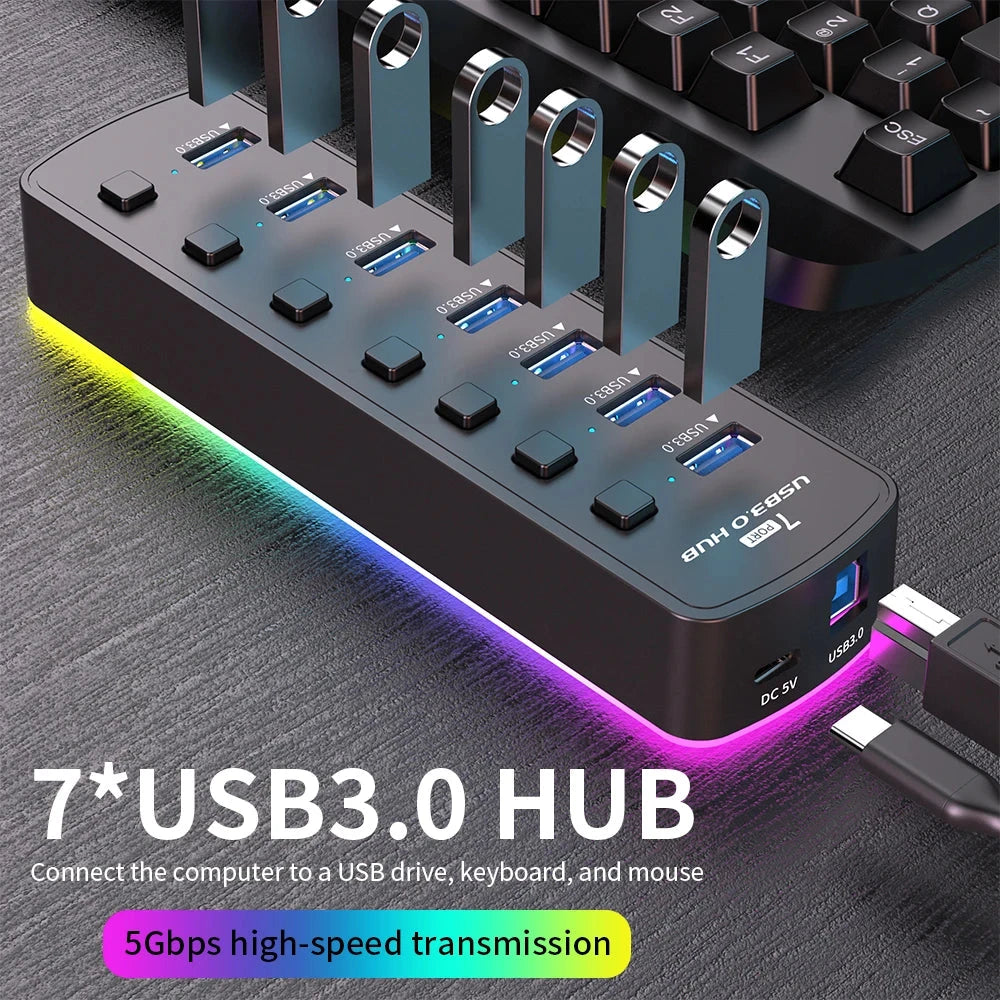 RGB USB 3.0 Hub 7 Ports Data Port Adapter 5Gbps Individual On/Off Switch Splitter Gaming USB Hub For Laptop PC Computer Accessor