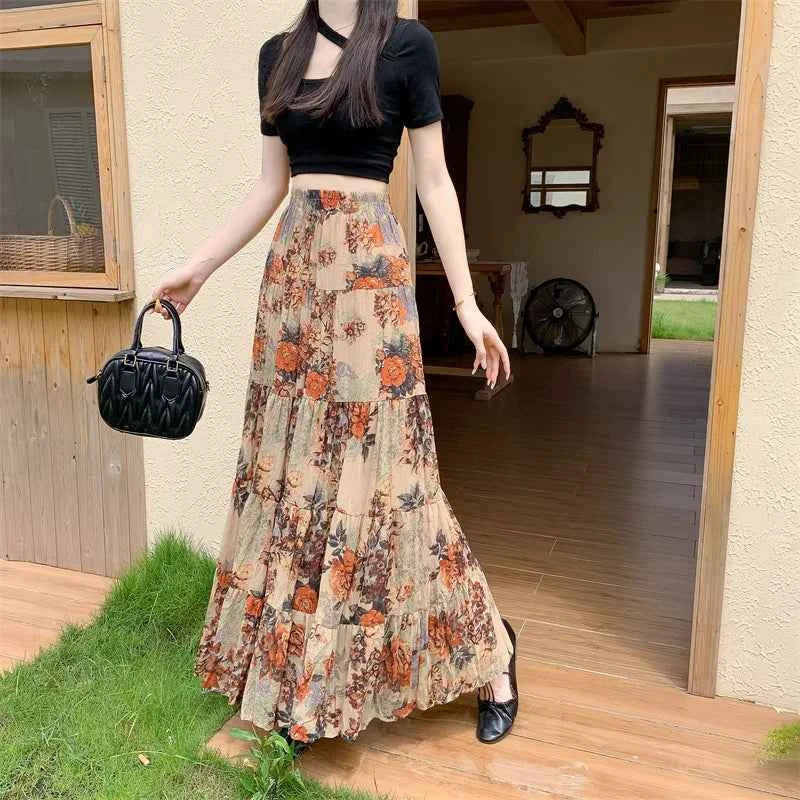 Retro Floral Pleated to Ankle f Skirt Women's Draped High Waist Midi A-Line Skirt Polyester Fiber Spring Season