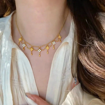 999 24K real gold water drop fringed four-leaf clover necklace for women diamond retro princess brushed clavicle chain for women - AMULET RING STORE