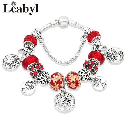 Antique Tibetan Silver Tree of Life Charm Bracelets Green Crystal Flower Bead Bracelet with Heart Diy Jewelry Pulsera Mujer