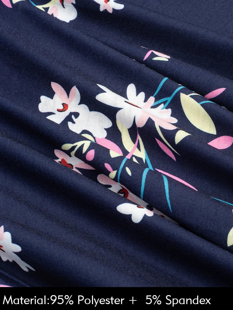 Nice-forever Vintage Elegant Floral Print Pleated Round neck vestidos A-Line Pinup Business Party Women Flare Swing Dress A102