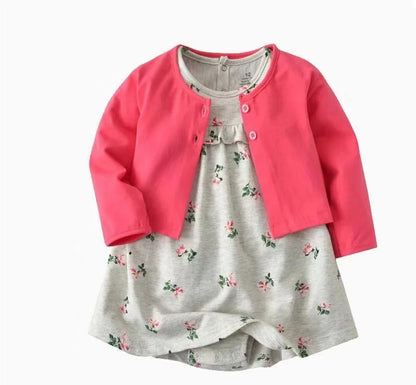 Infant Baby Girls Bodysuit Dress Cotton Floral Baby Girls Long-Sleeved Coat+Short SLeeve Dress 2Pieces Baby Girls Clothes sets