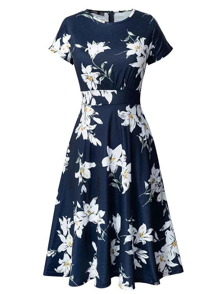 Nice-forever Vintage Elegant Floral Print Pleated Round neck vestidos A-Line Pinup Business Party Women Flare Swing Dress A102