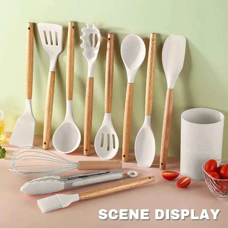 Silicone Cookware Set 12pcs Kitchen Utensil Wooden Handle Non-stick Spatula Shovel Spoon Kitchen Cooking Specialty Tools