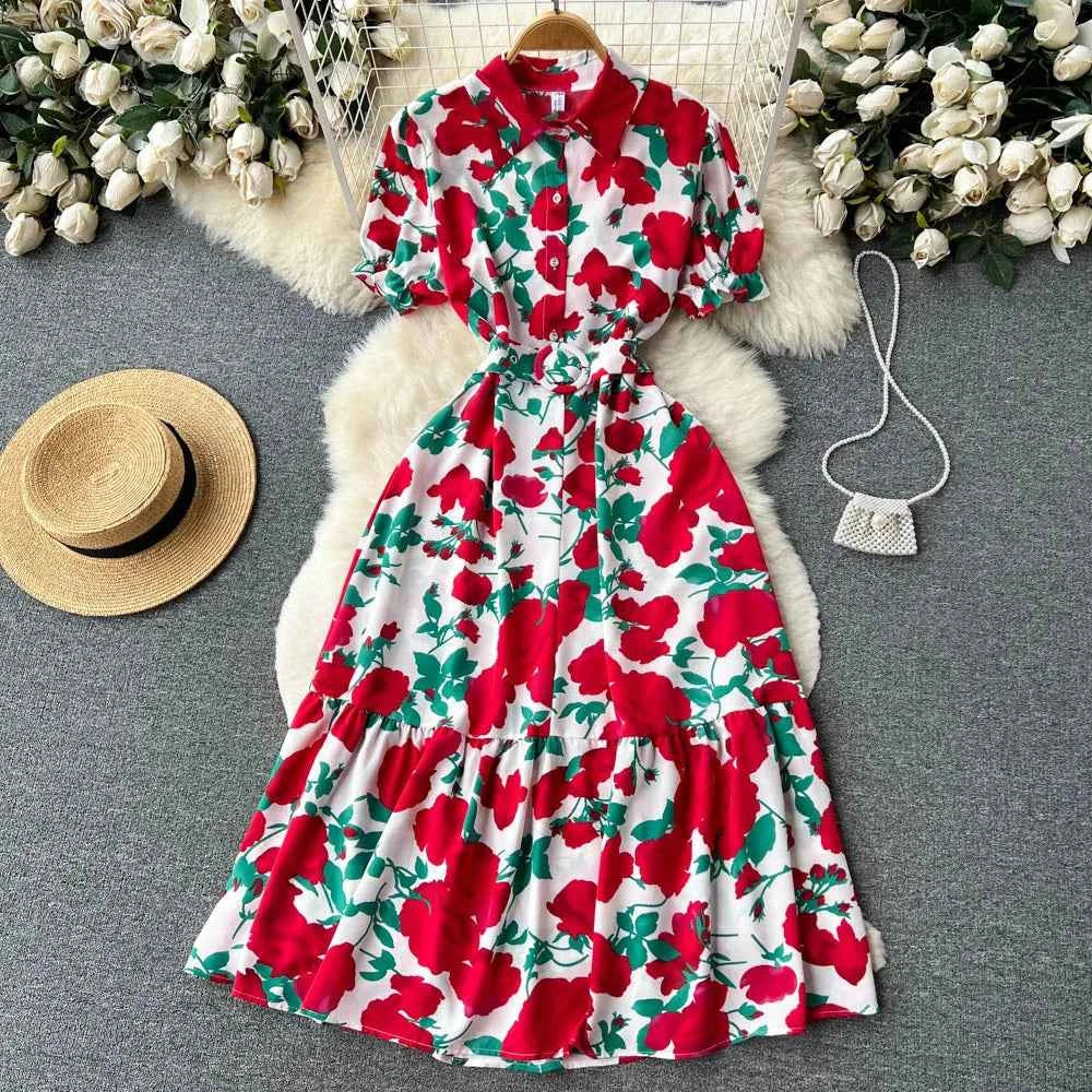 YuooMuoo Women Dress 2025 Summer Fashion Lady Elegant Vintage Floral Print Long Shirt Dress with Belt Vintage Party Robe Femme