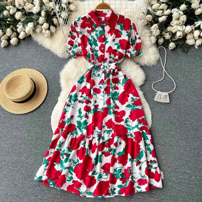 YuooMuoo Women Dress 2025 Summer Fashion Lady Elegant Vintage Floral Print Long Shirt Dress with Belt Vintage Party Robe Femme
