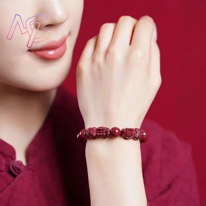 Women's Red Cinnabar Pixiu Bead Bracelet Genuine Natural Stone Bangle Trendy Accessory Fashion Gift Jewelry Energy Healing