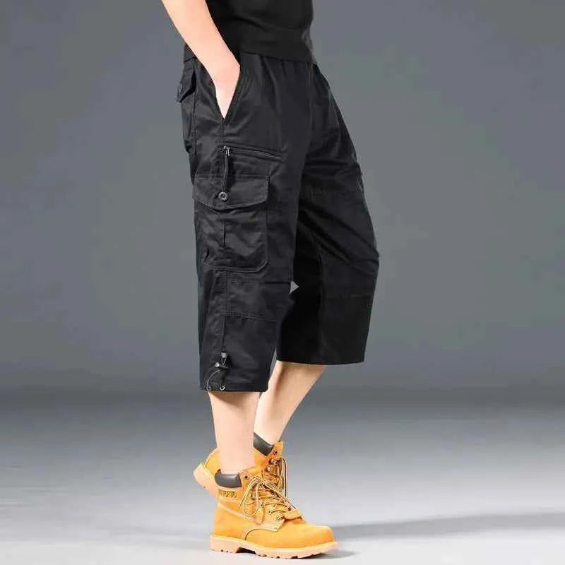 Summer Men's Cargo Shorts Loose Casual Below Knee Pants Elastic Waist Plus Size Outdoor Jogging Tactical Capri Pants