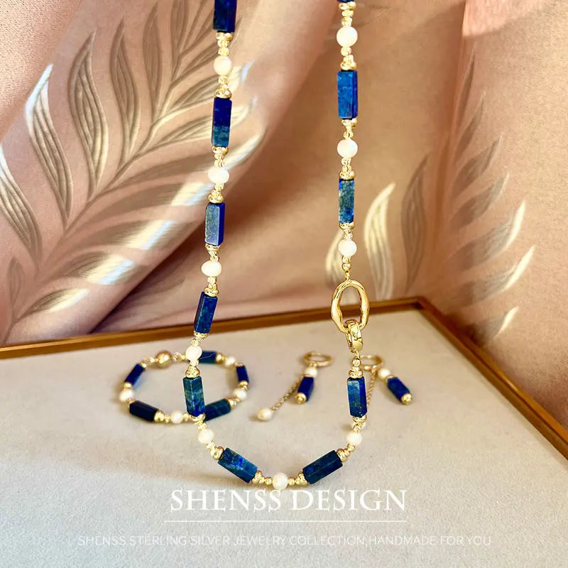 Exclusive Design Personalized Natural Freshwater Pearl Lapis lazuli Necklace Bracelet Earrings Copper Plated 14k Gold Accessorie