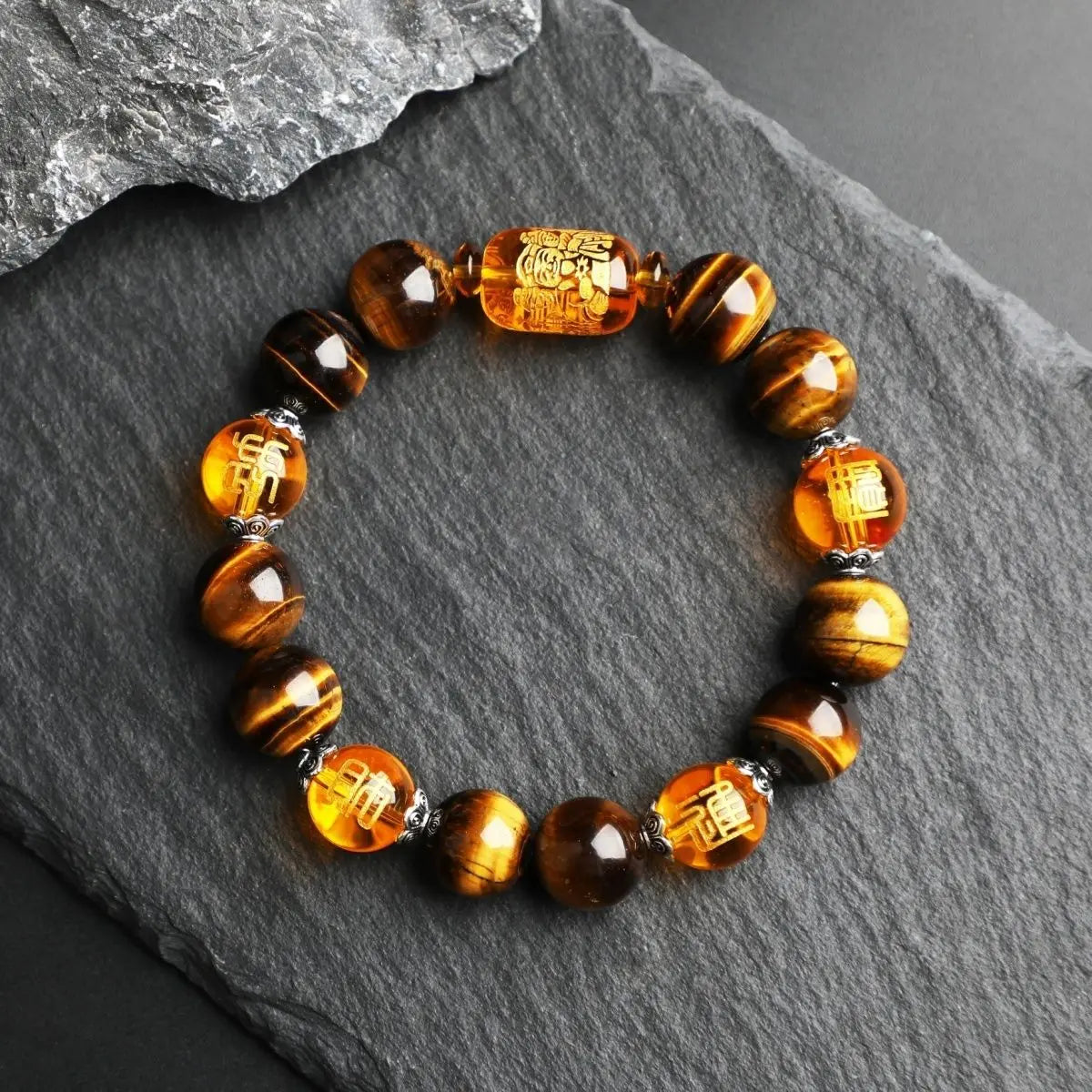 Natural Tiger's Eye Stone Three-sided God of Wealth Bracelet Auspicious Lucky Lucky Safe Men's and Women's Hand String Couple's