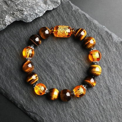 Natural Tiger's Eye Stone Three-sided God of Wealth Bracelet Auspicious Lucky Lucky Safe Men's and Women's Hand String Couple's