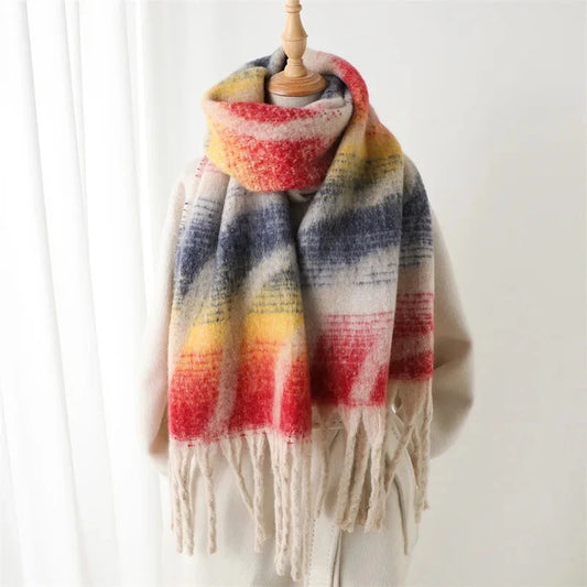 2025 New Rainbow Color Stripe Winter Warm Women Scarf Cashmere Luxury Shawls Thick Neckerchief Hijab Wraps Pashmina Foulard