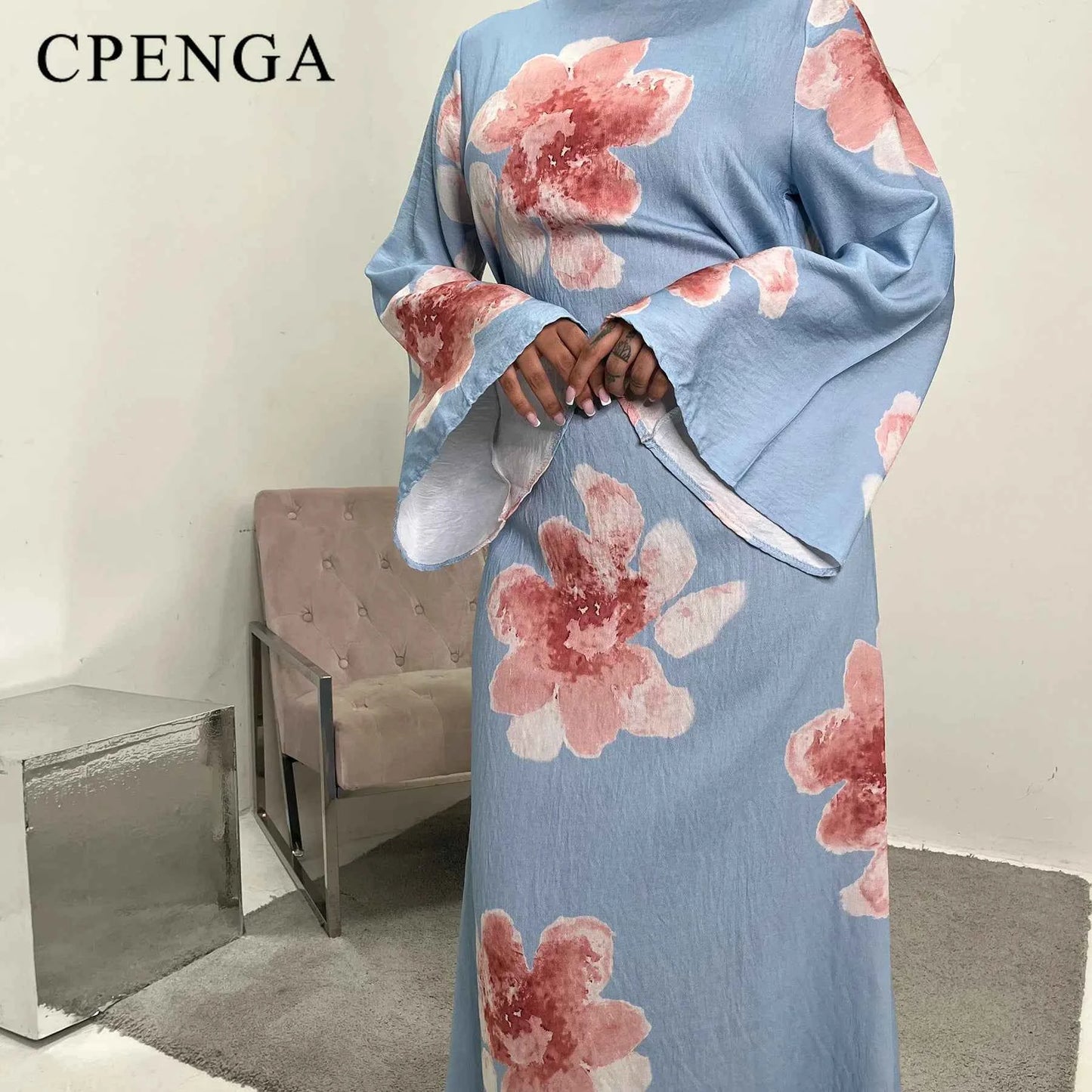 Arabesque Bell Sleeve Flowy Maxi Abaya Dress Elegant Floral Print Muslim Modest Long Dress Islamic Vacation Outfit Summer Robe