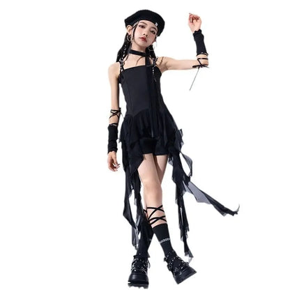 Hip Hop Girls Crop Top Plaid Street Dance Skirt Kids Ribbon Pleated Skirts Teens Jazz Cool Costumes Child Streetwear Clothes Set