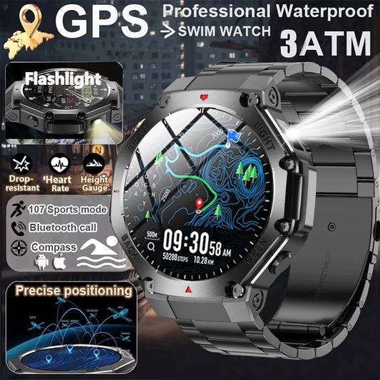 2025 New Men Sports Smart Watch GPS AMOLED Heart Rate Monitoring LED Flashlight NFC Bluetooth Call 3ATM Waterproof Smartwatches